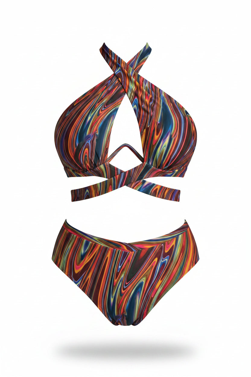 Tropical Print Plus Size Bikini Set | Push-Up Underwire Top & High-Waist Boy Shorts