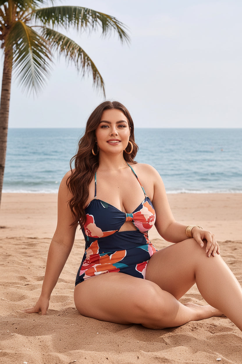 Tropical Print Plus Size One-Piece Swimsuit | Hollow-Out Swimwear for Women