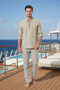 Men's Cotton Linen V-Neck Shirt — Relaxed Drawstring Casual