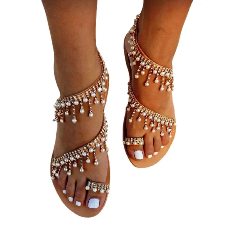 Gold Pearl Flat Sandals | Lace Flower Ankle Strap Beach & Bridal Shoes