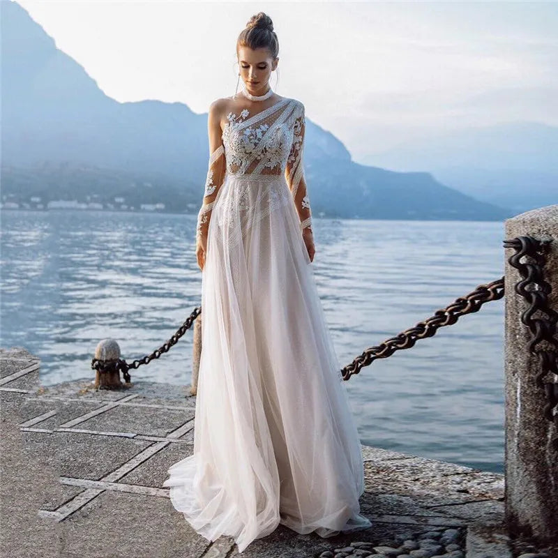 Bohemian Lace Wedding Dress | Floor-Length Boho Bridal Gown with Appliqués