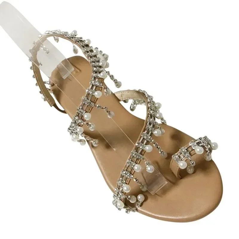 Gold Pearl Flat Sandals | Lace Flower Ankle Strap Beach & Bridal Shoes