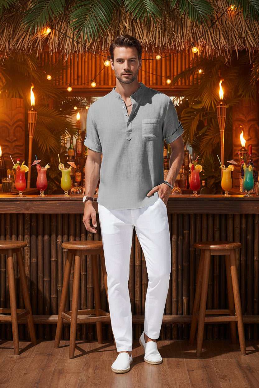 Men's Stand Collar Cotton Shirt — Casual Short Sleeve Summer Top