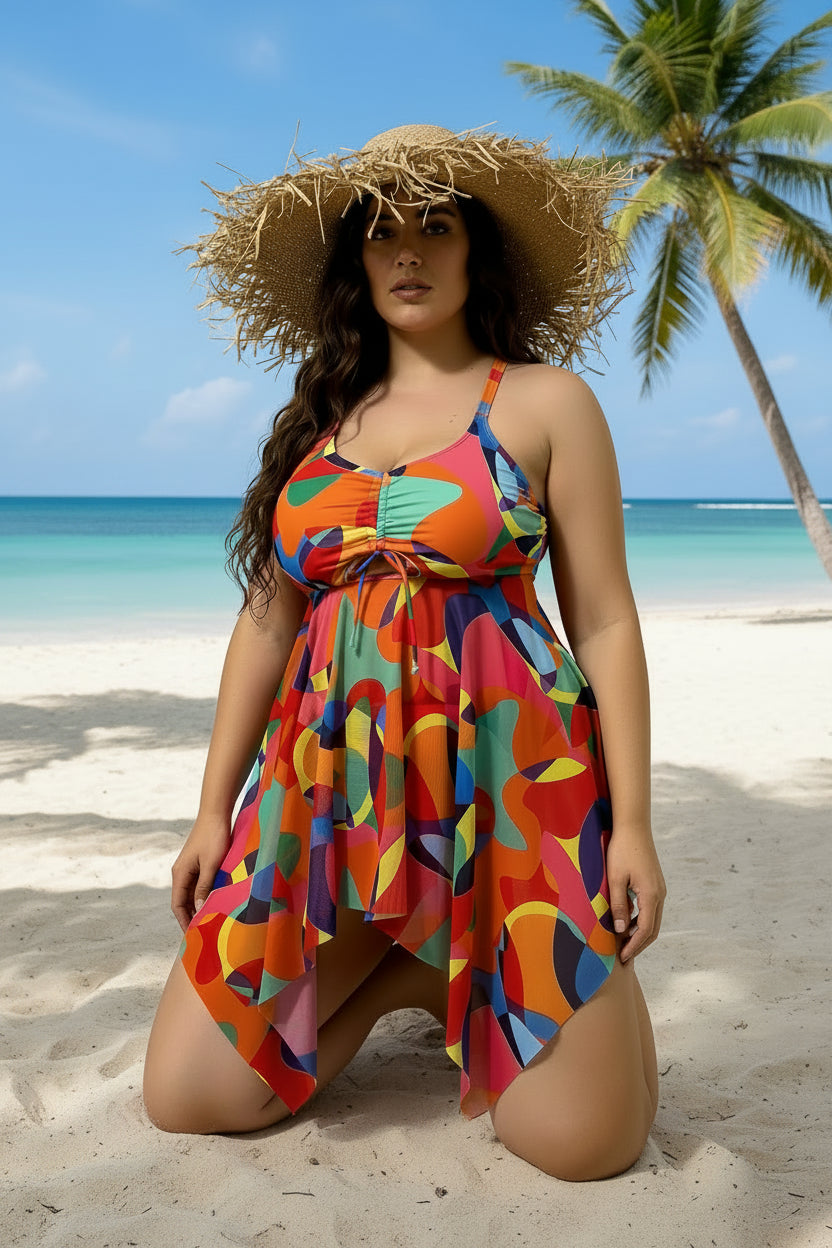 Azure Tropical Printed Tankini Set | Plus Size Two-Piece Swimsuit (1XL–4XL)