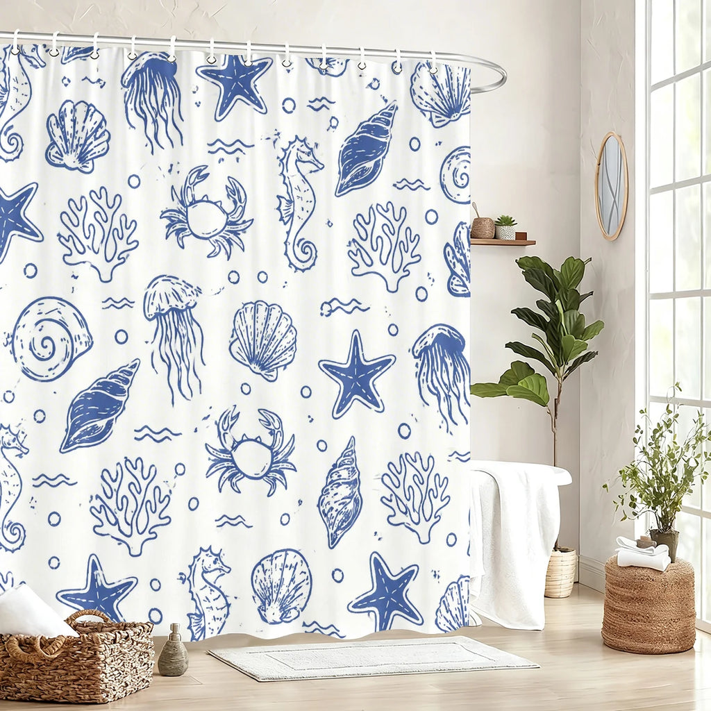 Coastal Sea Life Shower Curtain | Navy & White