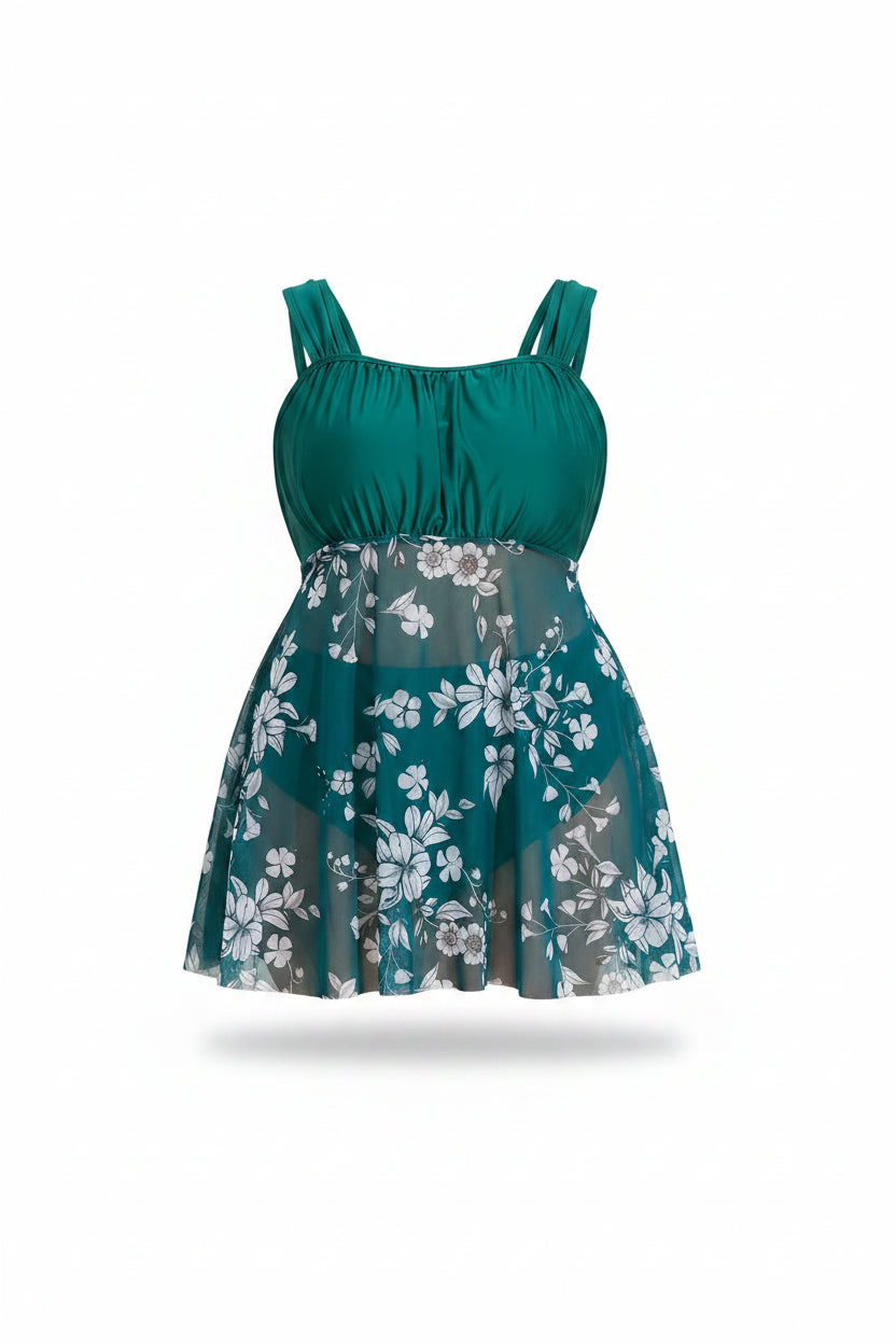 Azure Tropical Printed Bandeau Tankini Dress — Plus Size Two-Piece Swimsuit