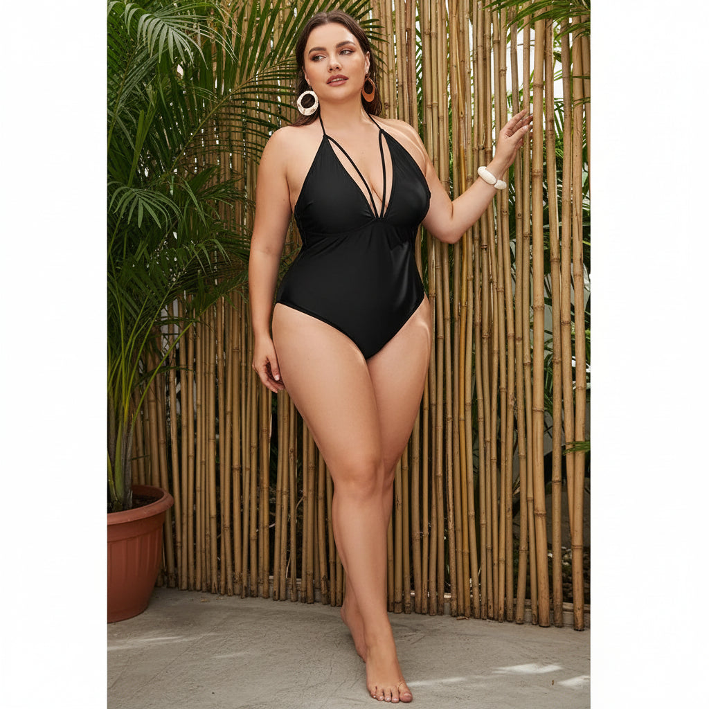Tropical Bloom Plus Size One-Piece Halter Swimsuit