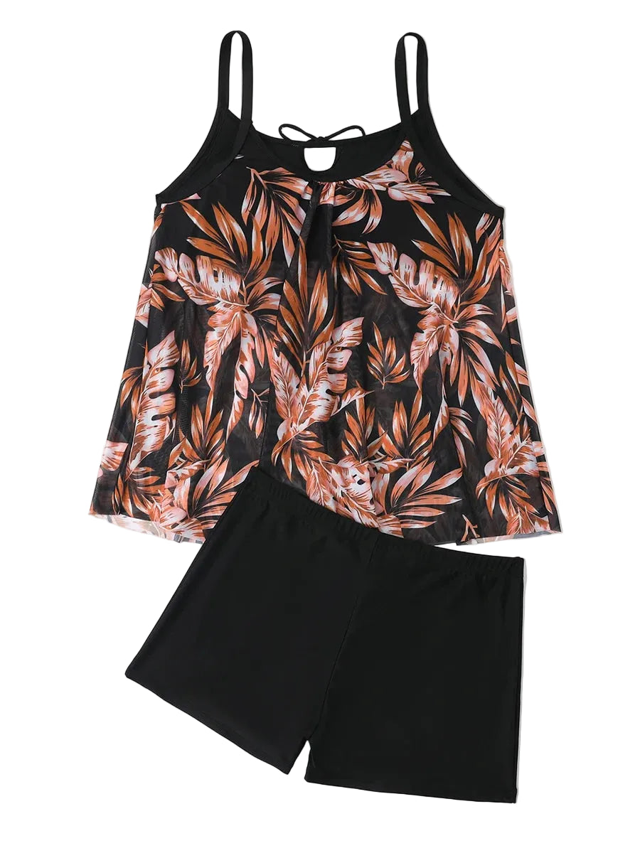 Printed Tankini Set with High-Waist Shorts — Plus Size Two-Piece Swimwear