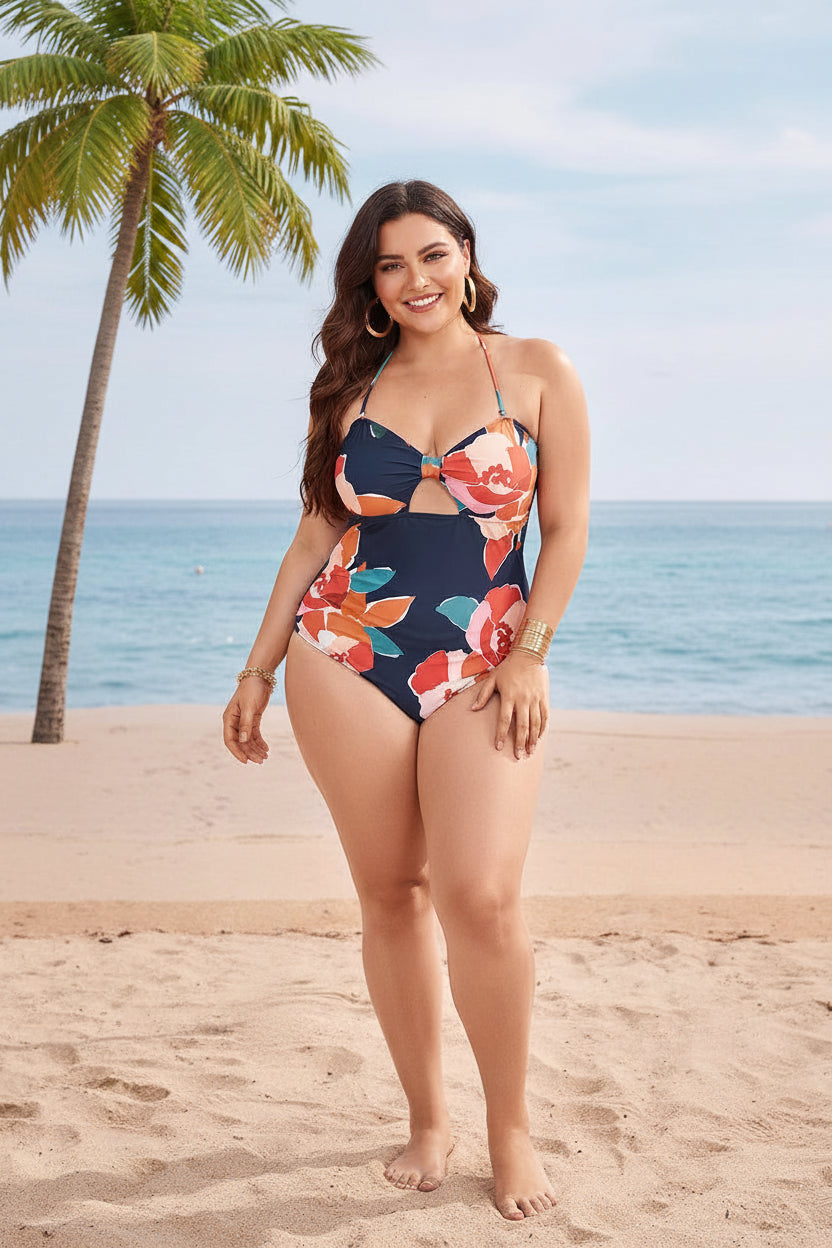 Tropical Print Plus Size One-Piece Swimsuit | Hollow-Out Swimwear for Women