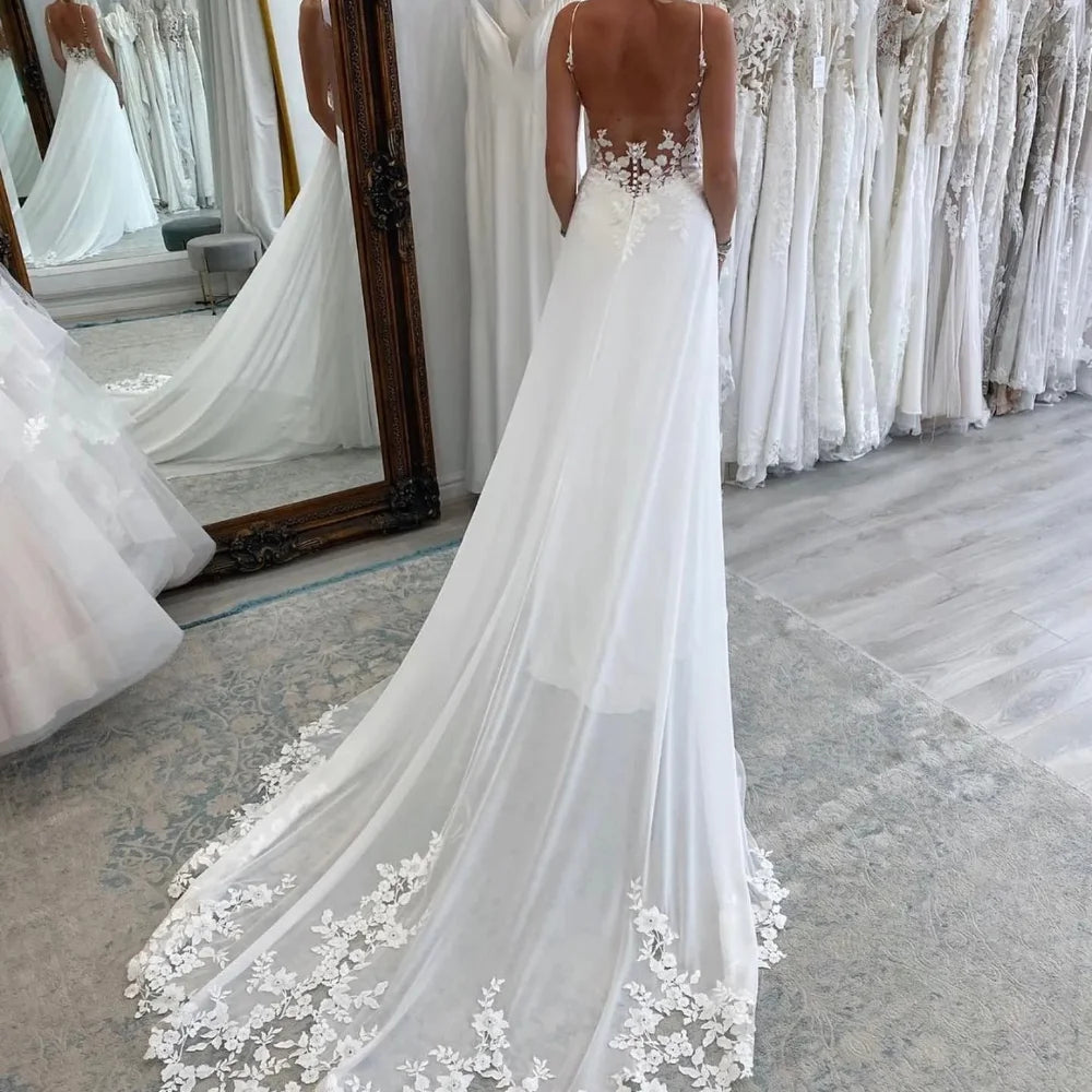 Embroidered Backless  Bridal Gown | A-Line V-Neck Wedding Dress