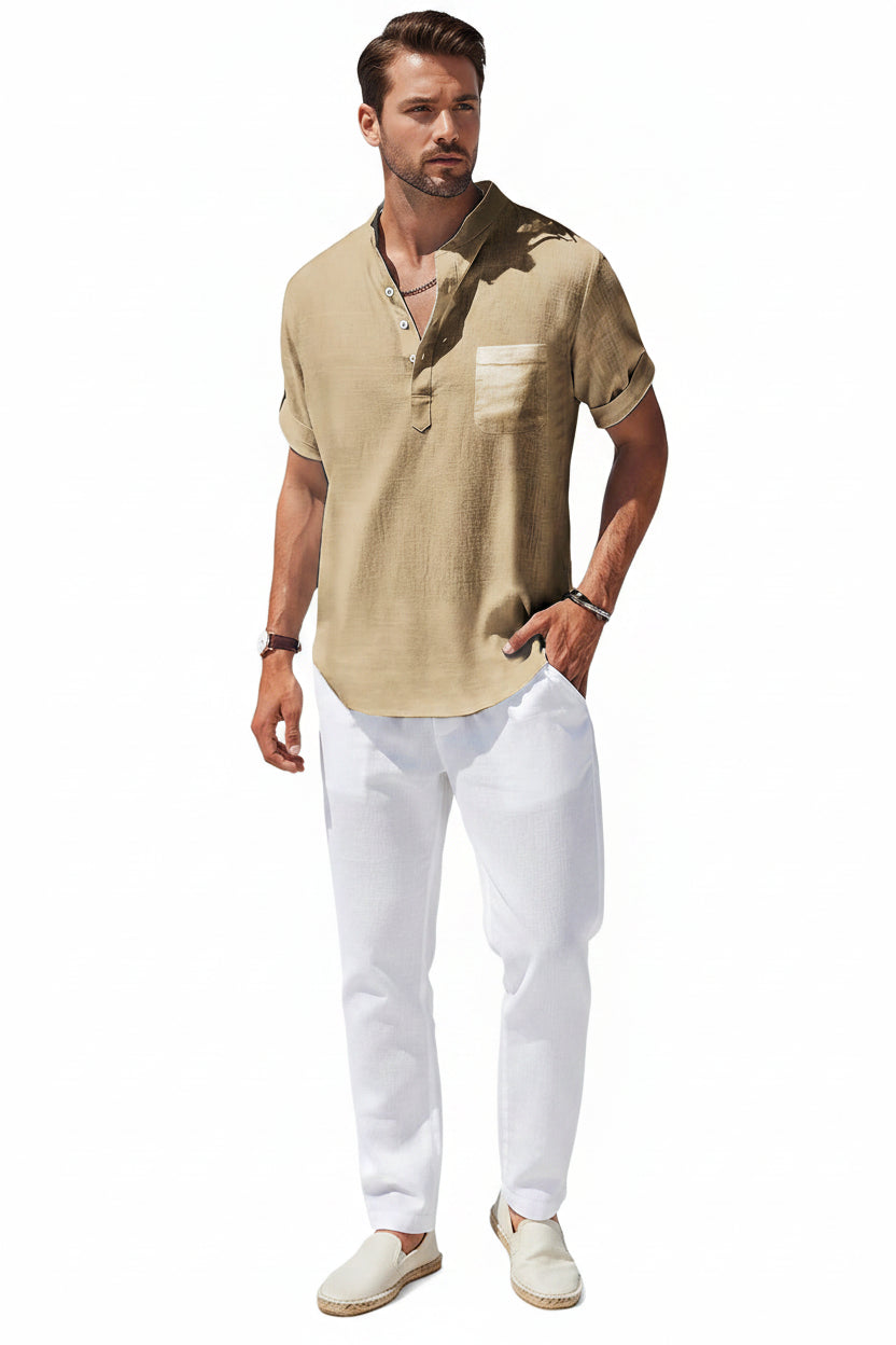 Men's Stand Collar Cotton Shirt — Casual Short Sleeve Summer Top