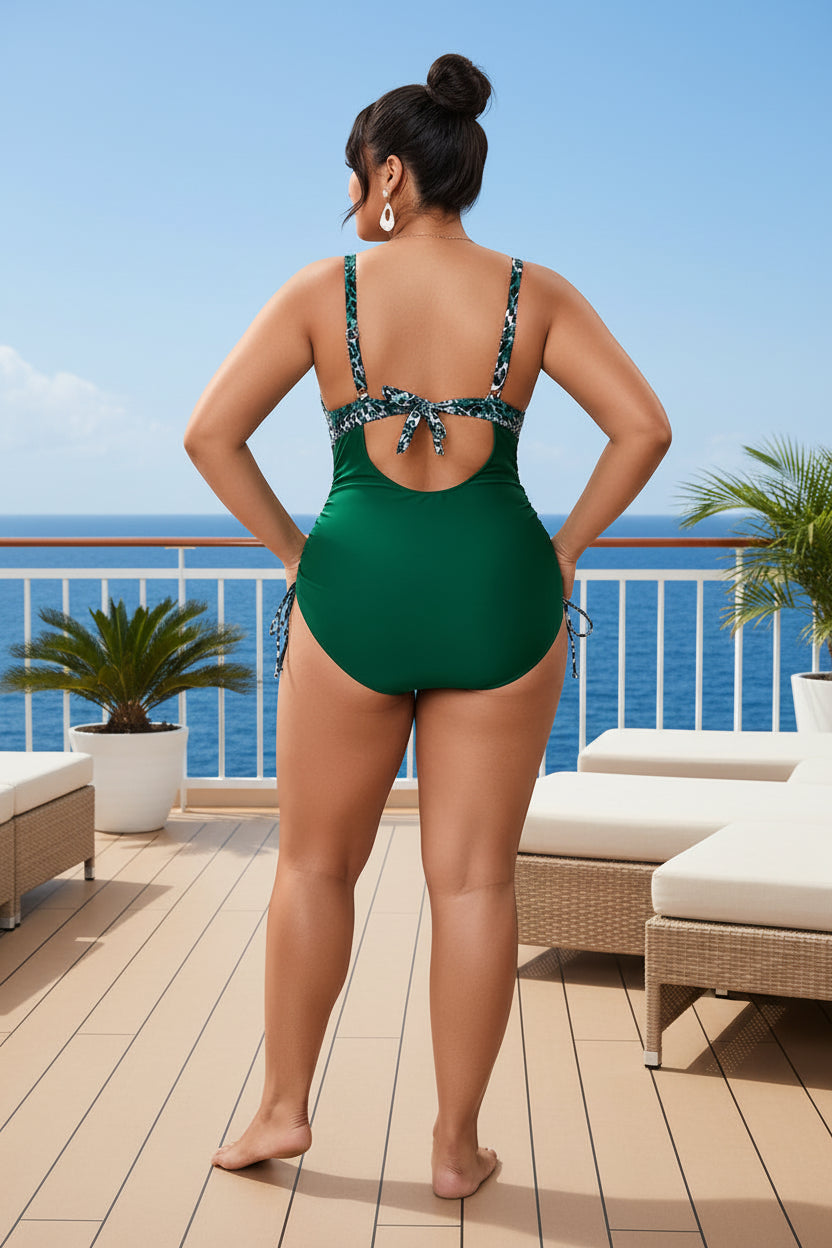 Leopard Print Plus Size One-Piece Swimsuit | V-Neck Swimwear for Women