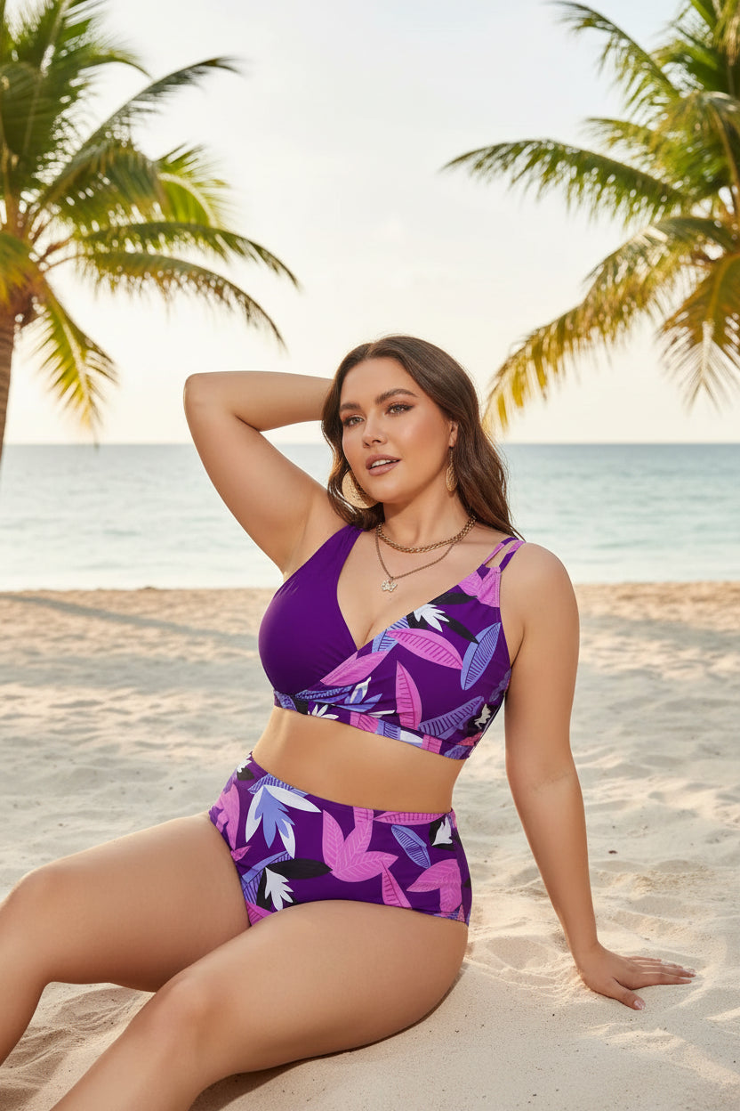 Plus Size Printed High-Waist Bikini Set with Skirt | Women's Two-Piece Swimsuit