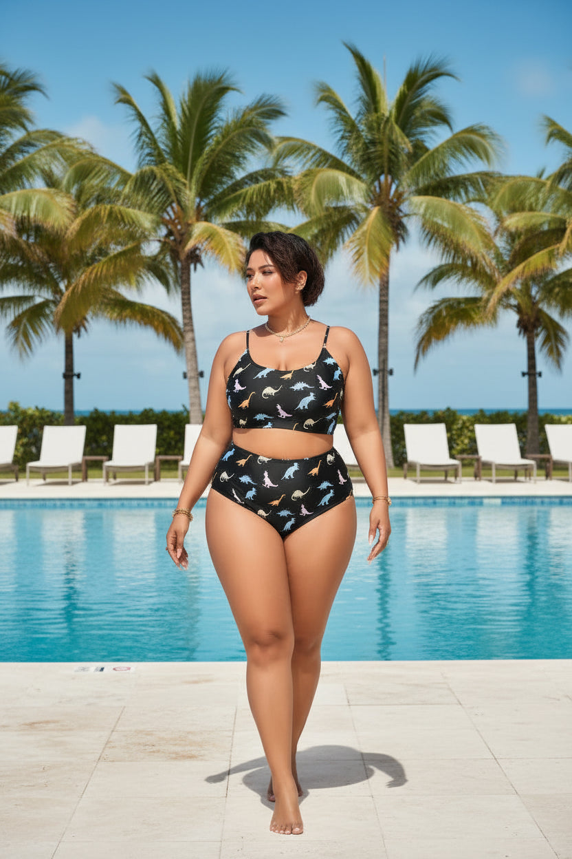 Black Print Plus Size High-Waist Bikini Set