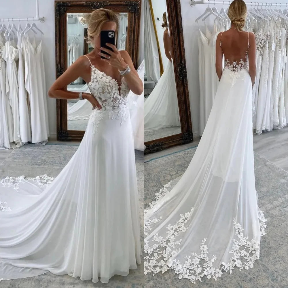 Embroidered Backless  Bridal Gown | A-Line V-Neck Wedding Dress