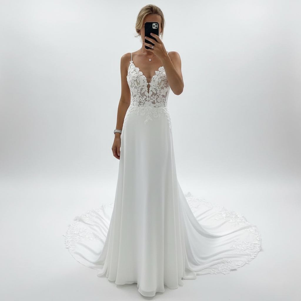 Embroidered Backless  Bridal Gown | A-Line V-Neck Wedding Dress