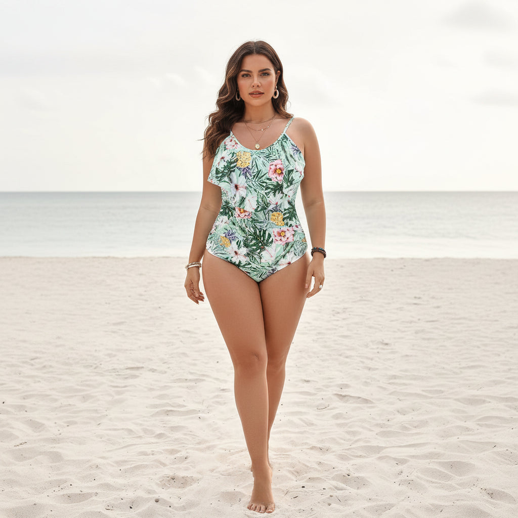 Azure Floral Ruffle One-Piece Swimsuit — Plus Size