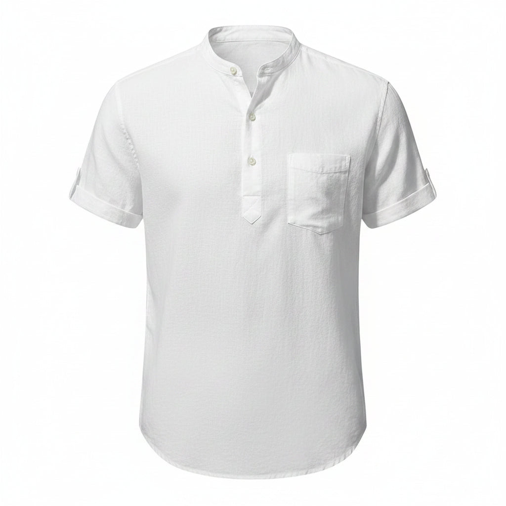 Men's Stand Collar Cotton Shirt — Casual Short Sleeve Summer Top