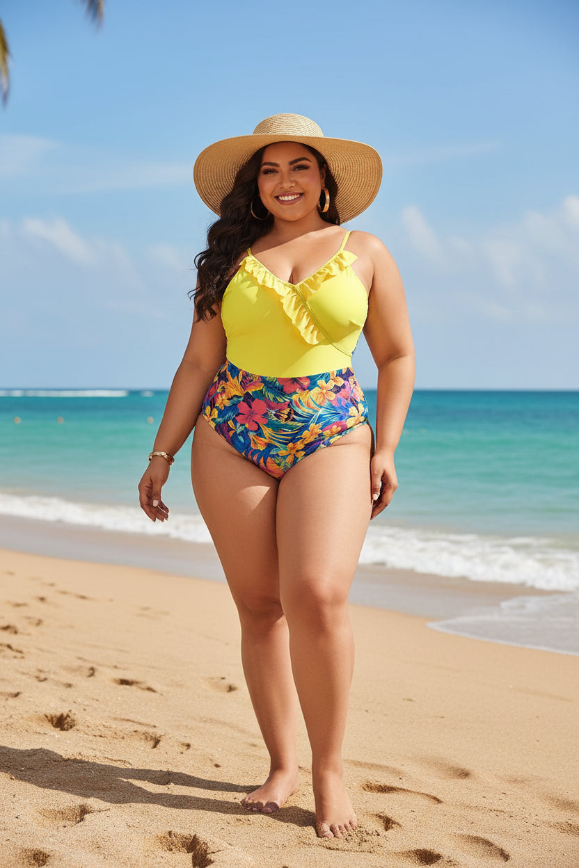 Azure Tropical Floral Ruffle One-Piece Swimsuit | Plus Size (0XL–4XL)