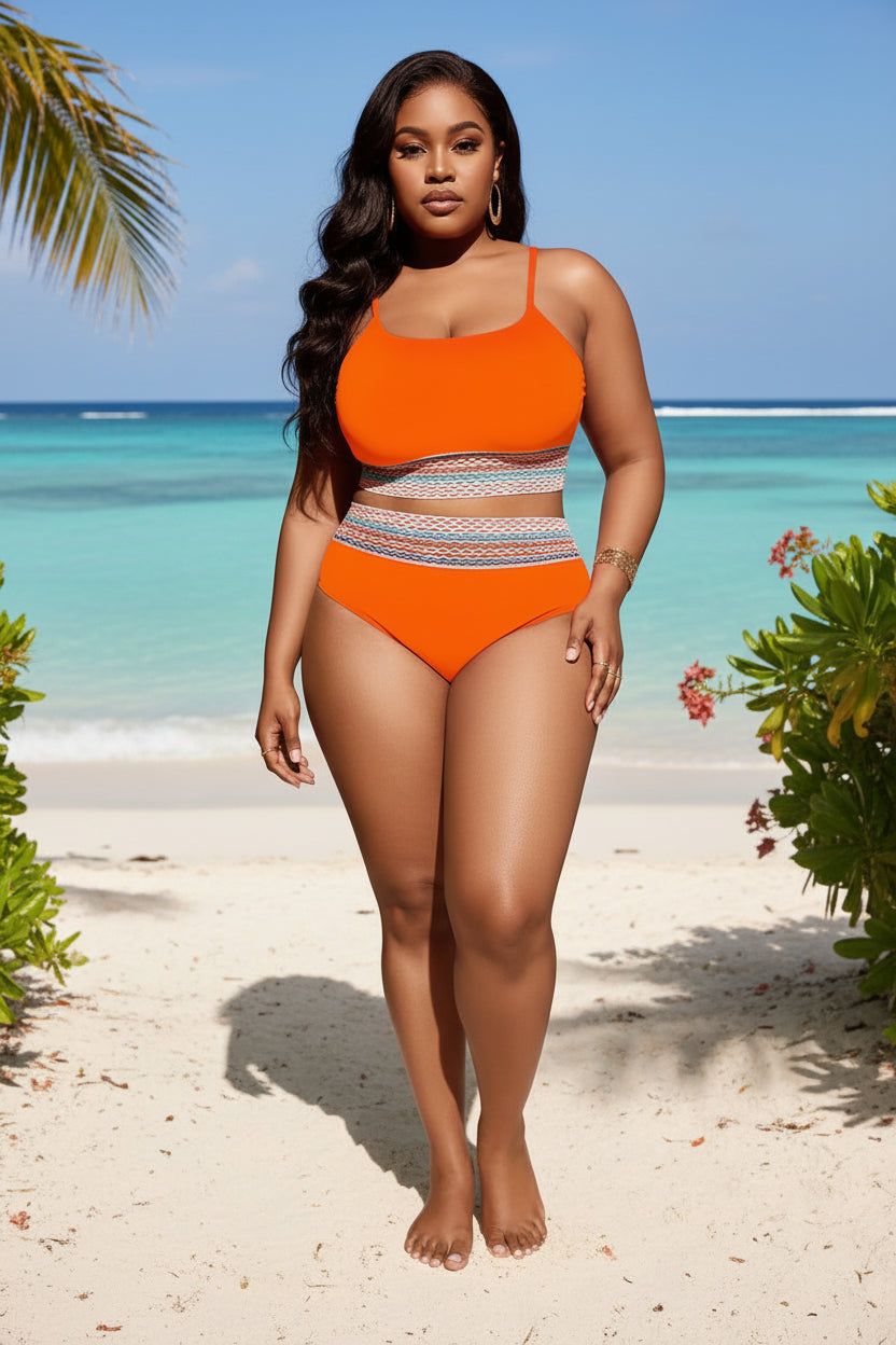 Orange Contrast Trim Plus Size Two-Piece Swimsuit
