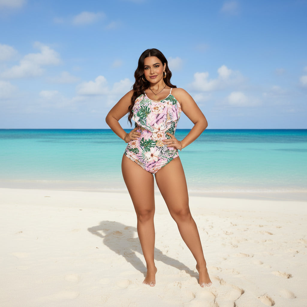 Azure Floral Ruffle One-Piece Swimsuit — Plus Size