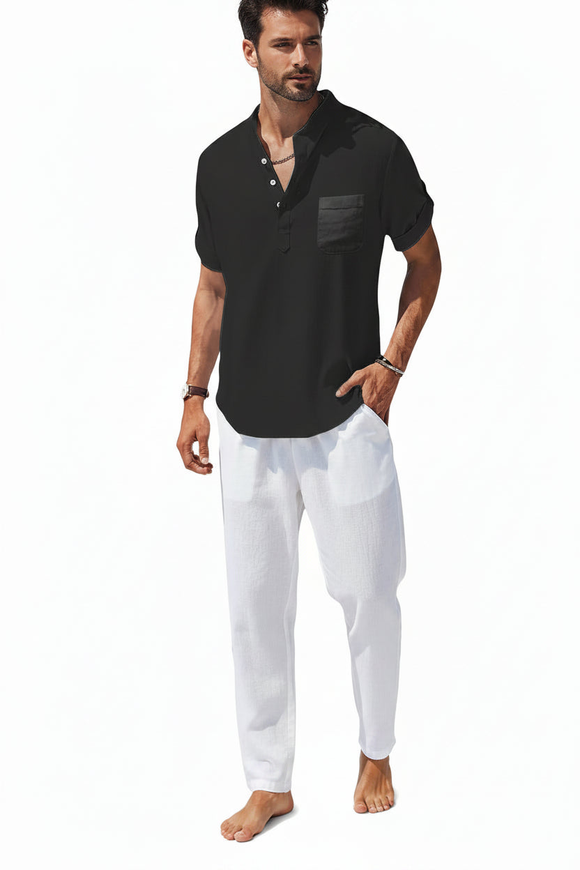 Men's Stand Collar Cotton Shirt — Casual Short Sleeve Summer Top