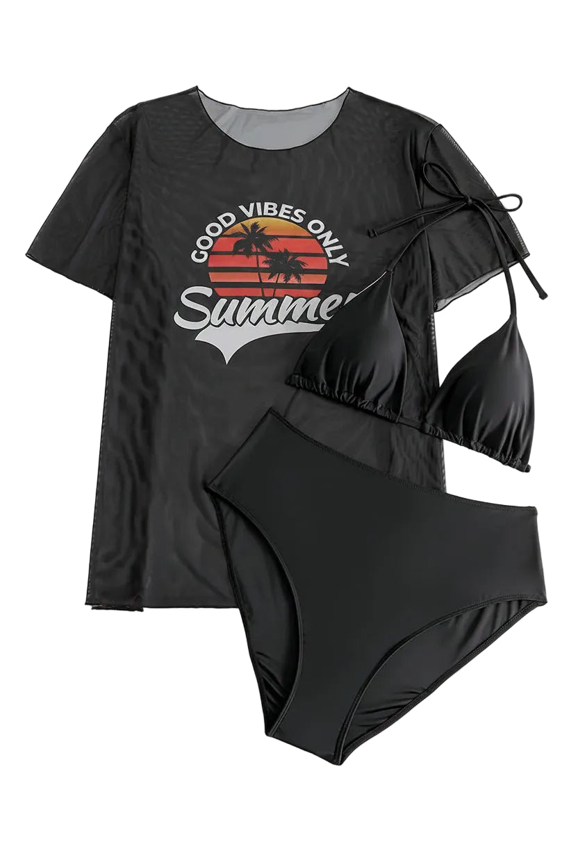 Azure Noir 3-Piece Bikini Set — Plus Size High-Waist Swimsuit & Cover-Up