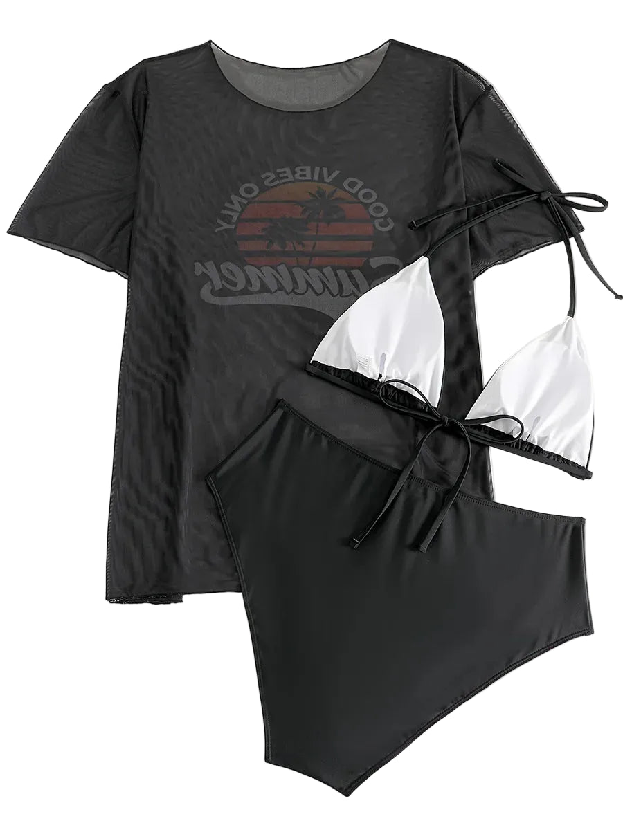 Azure Noir 3-Piece Bikini Set — Plus Size High-Waist Swimsuit & Cover-Up