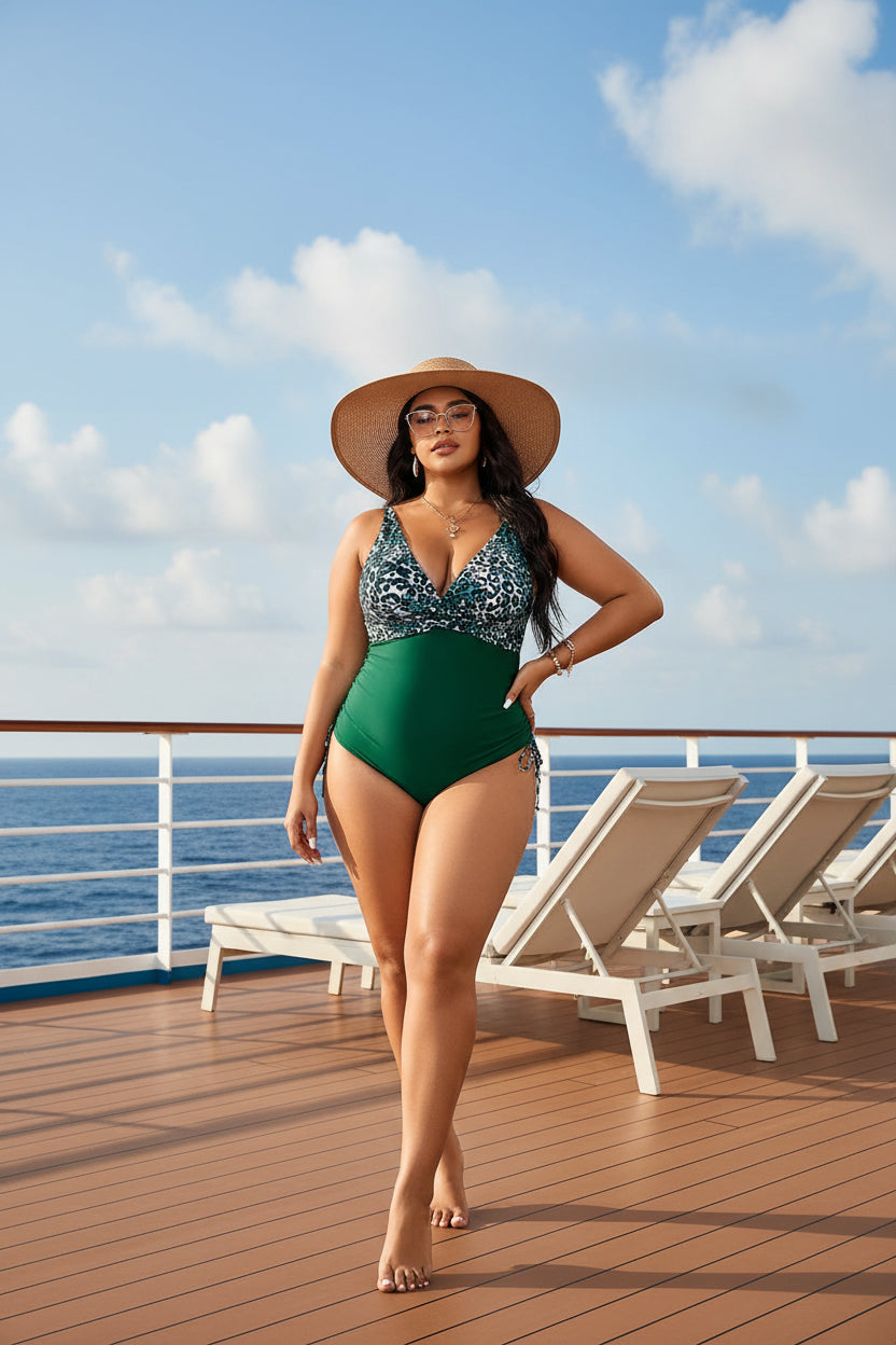 Leopard Print Plus Size One-Piece Swimsuit | V-Neck Swimwear for Women