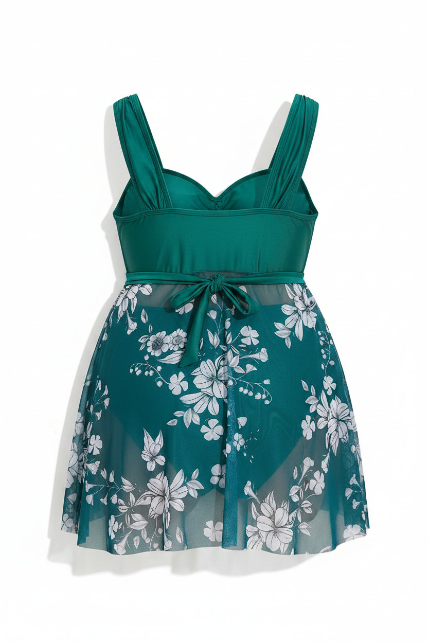Azure Tropical Printed Bandeau Tankini Dress — Plus Size Two-Piece Swimsuit