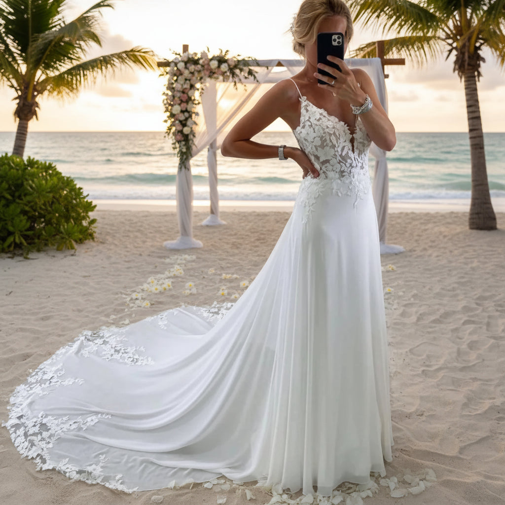Embroidered Backless  Bridal Gown | A-Line V-Neck Wedding Dress