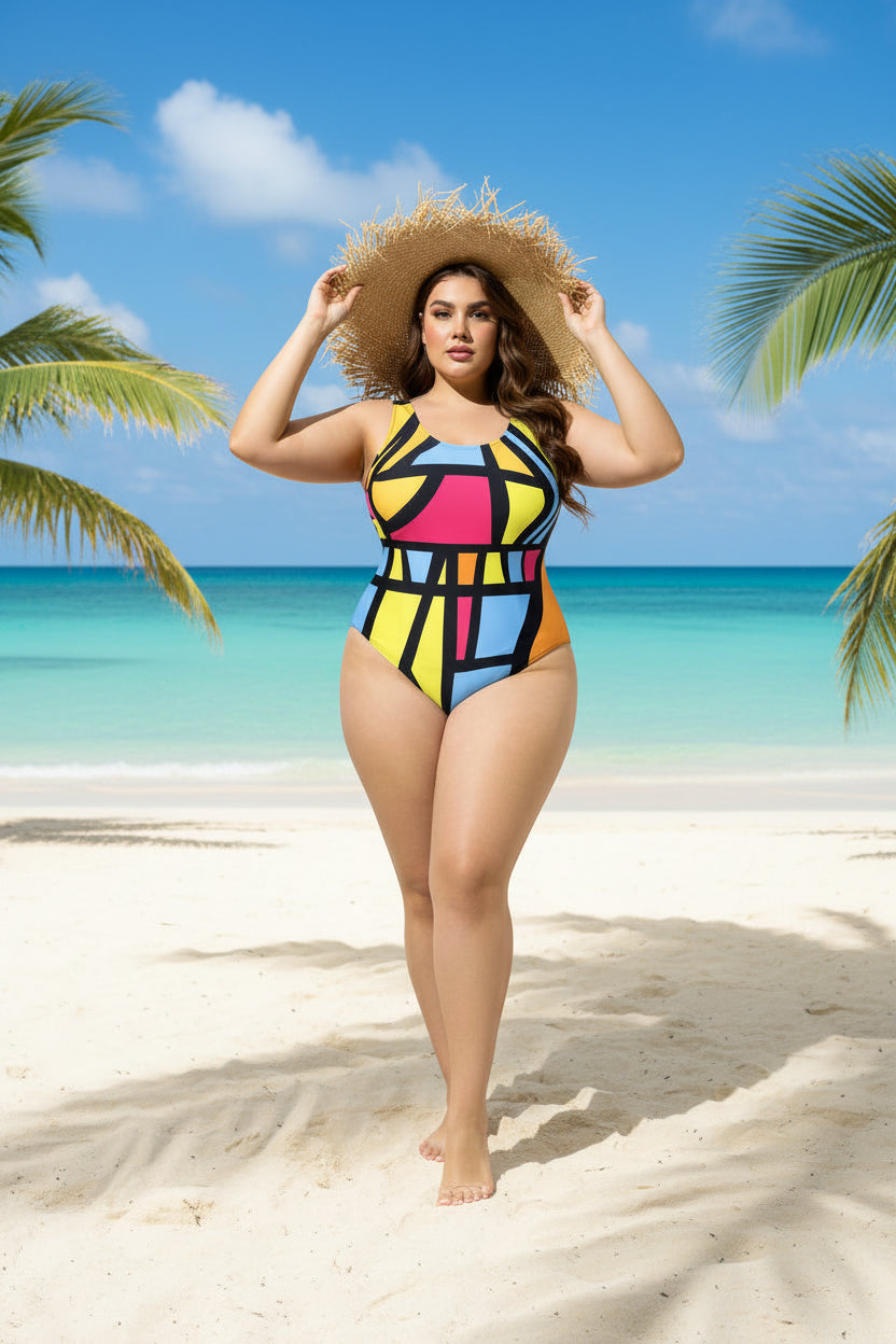 Geometric Print Plus-Size One-Piece Swimsuit