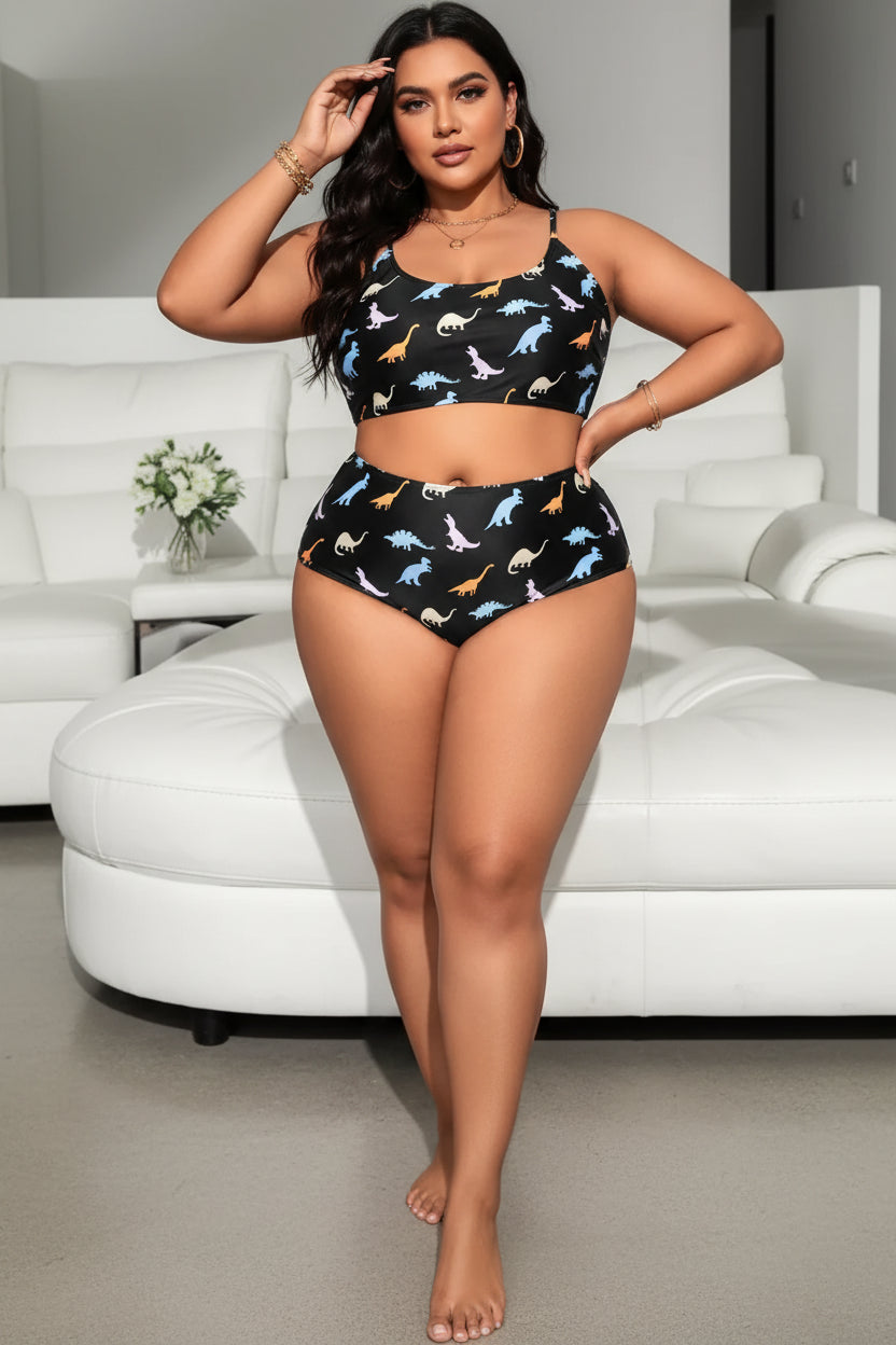 Black Print Plus Size High-Waist Bikini Set