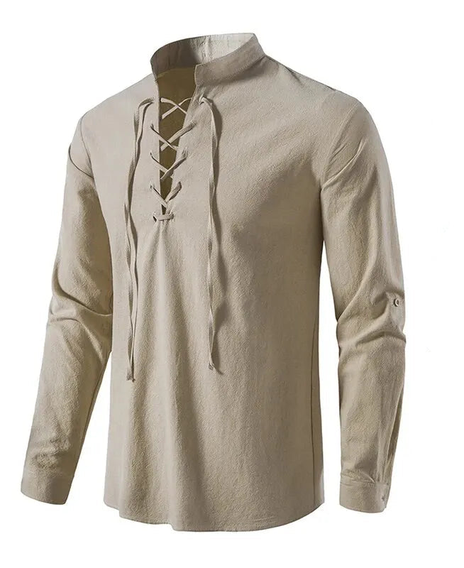 Men's Cotton Linen V-Neck Shirt — Relaxed Drawstring Casual