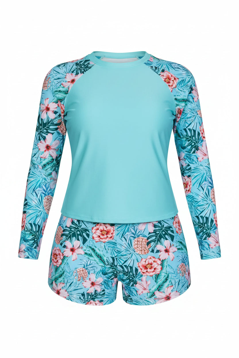 Tropical Long Sleeve Two-Piece Swimsuit | Plus Size Swimwear