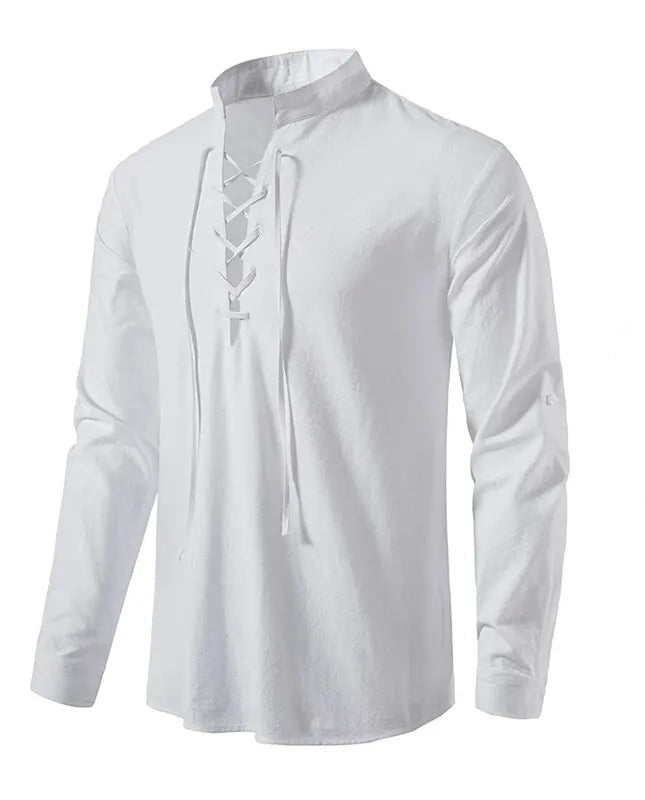 Men's Cotton Linen V-Neck Shirt — Relaxed Drawstring Casual