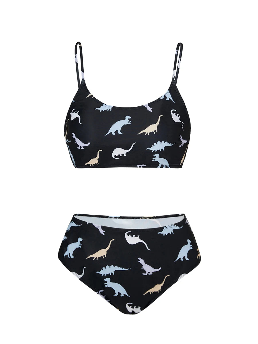 Black Print Plus Size High-Waist Bikini Set