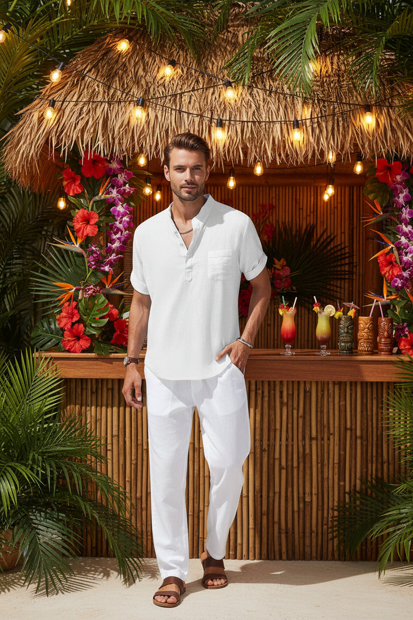 Men's Stand Collar Cotton Shirt — Casual Short Sleeve Summer Top