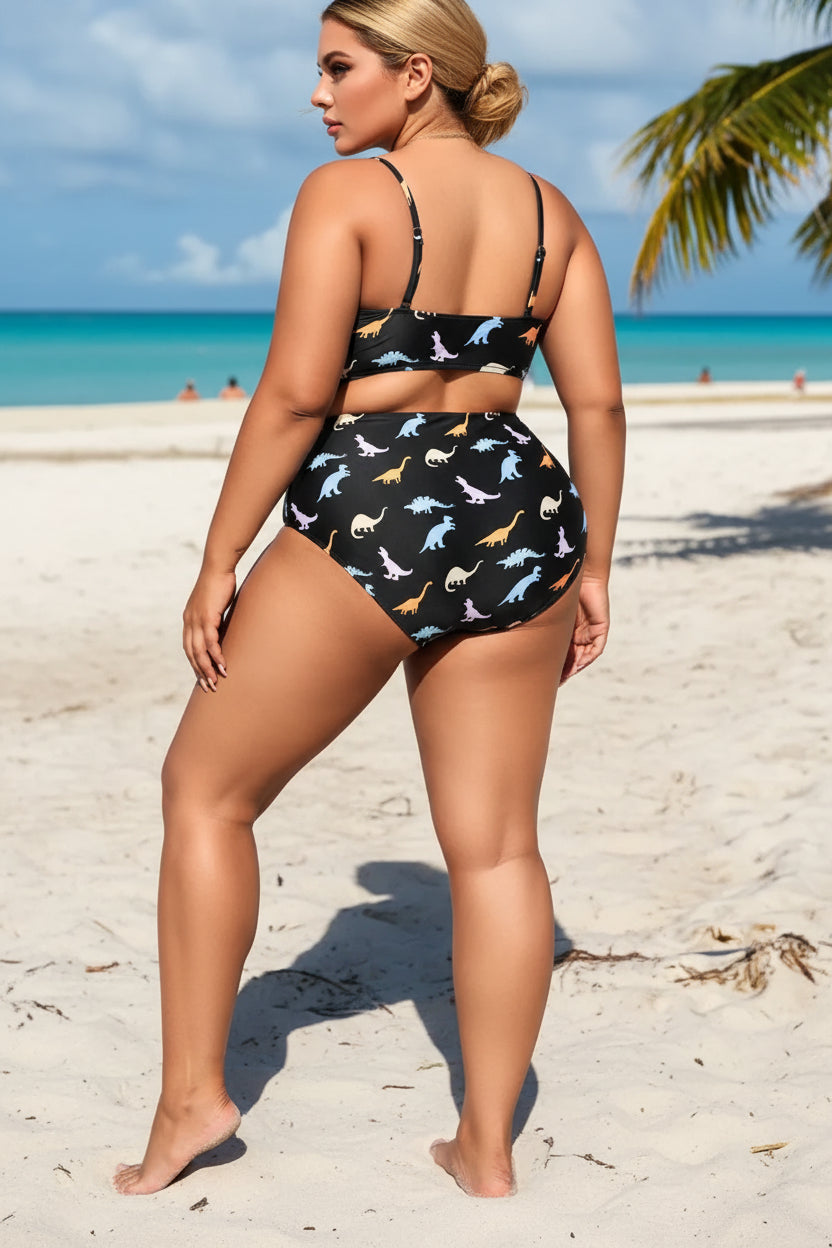 Black Print Plus Size High-Waist Bikini Set