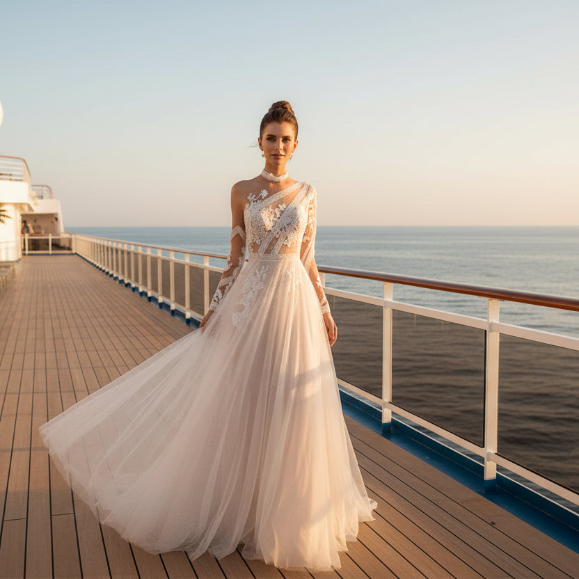 Bohemian Lace Wedding Dress | Floor-Length Boho Bridal Gown with Appliqués