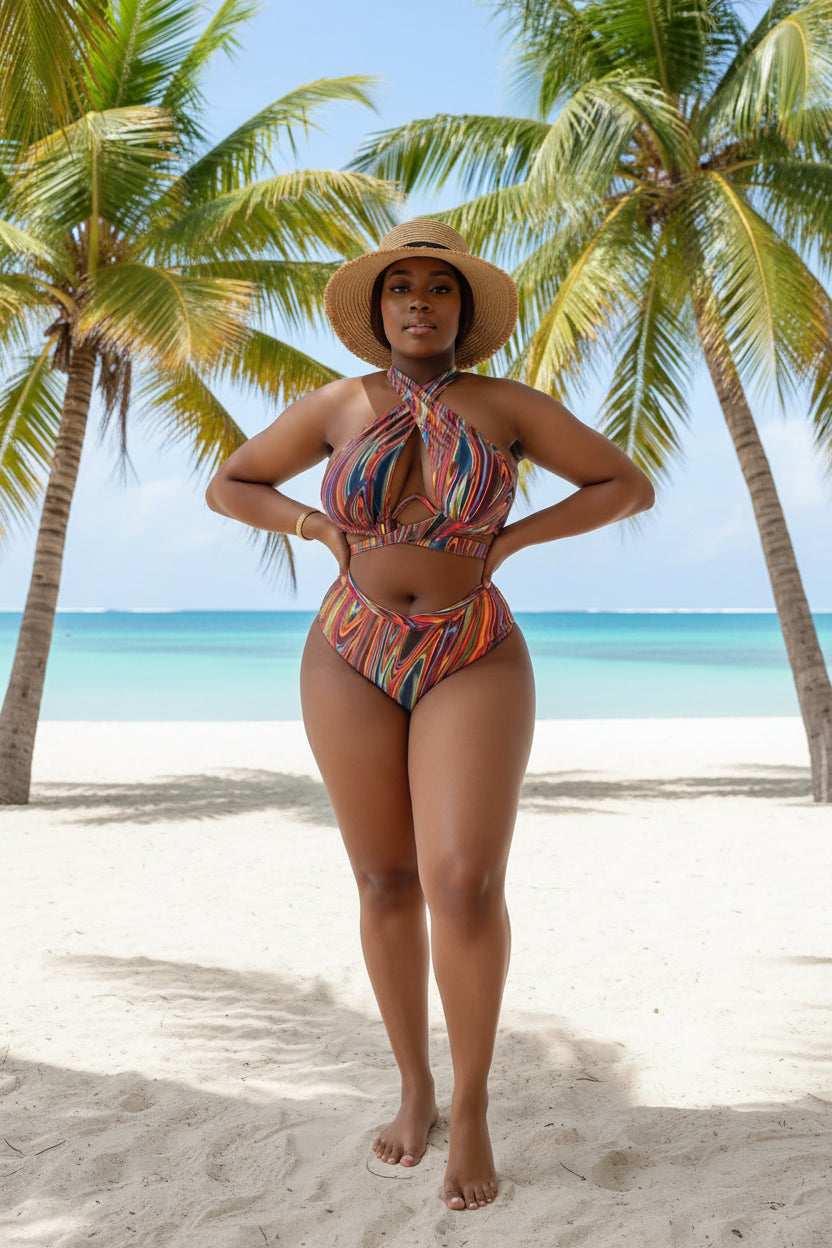 Tropical Print Plus Size Bikini Set | Push-Up Underwire Top & High-Waist Boy Shorts