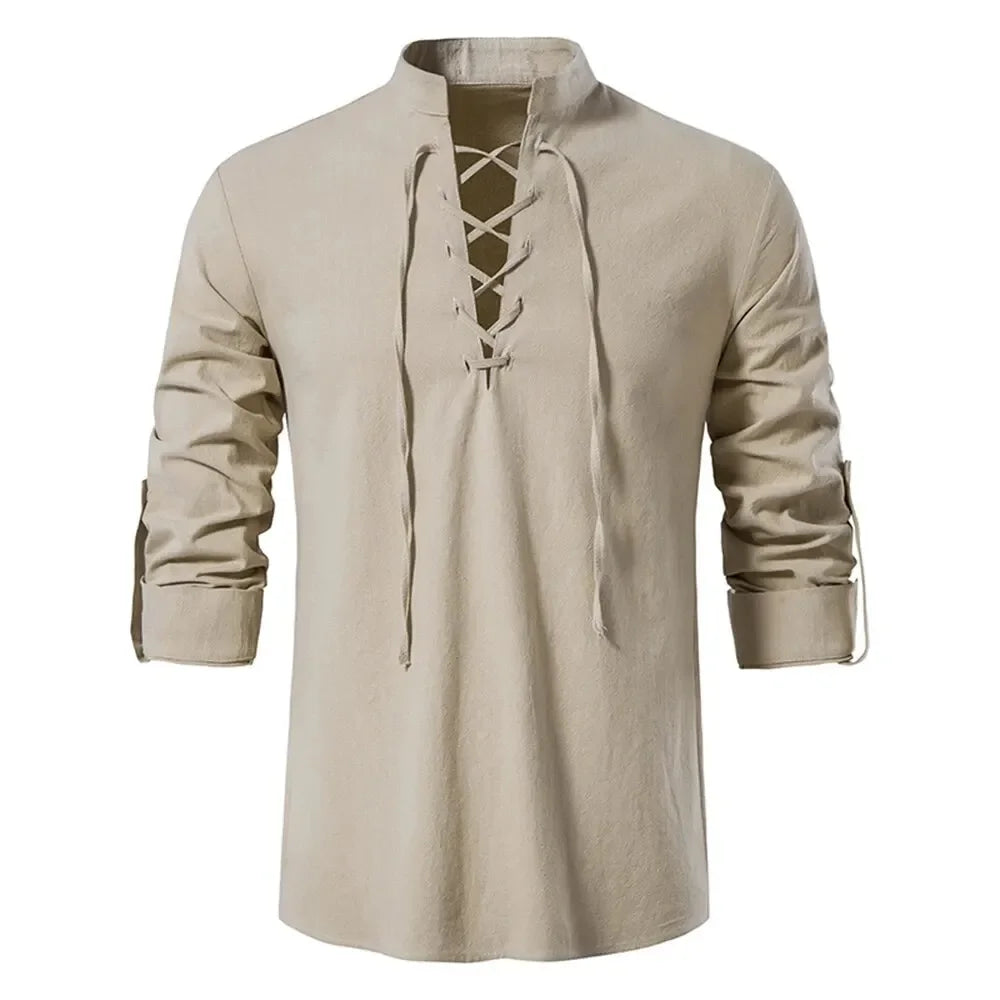 Men's Cotton Linen V-Neck Shirt — Relaxed Drawstring Casual