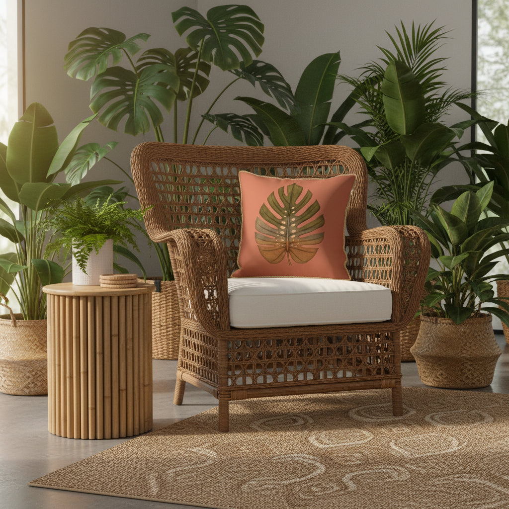 Tropical Heritage Monstera Velvet Pillow Cover — Golden Trim