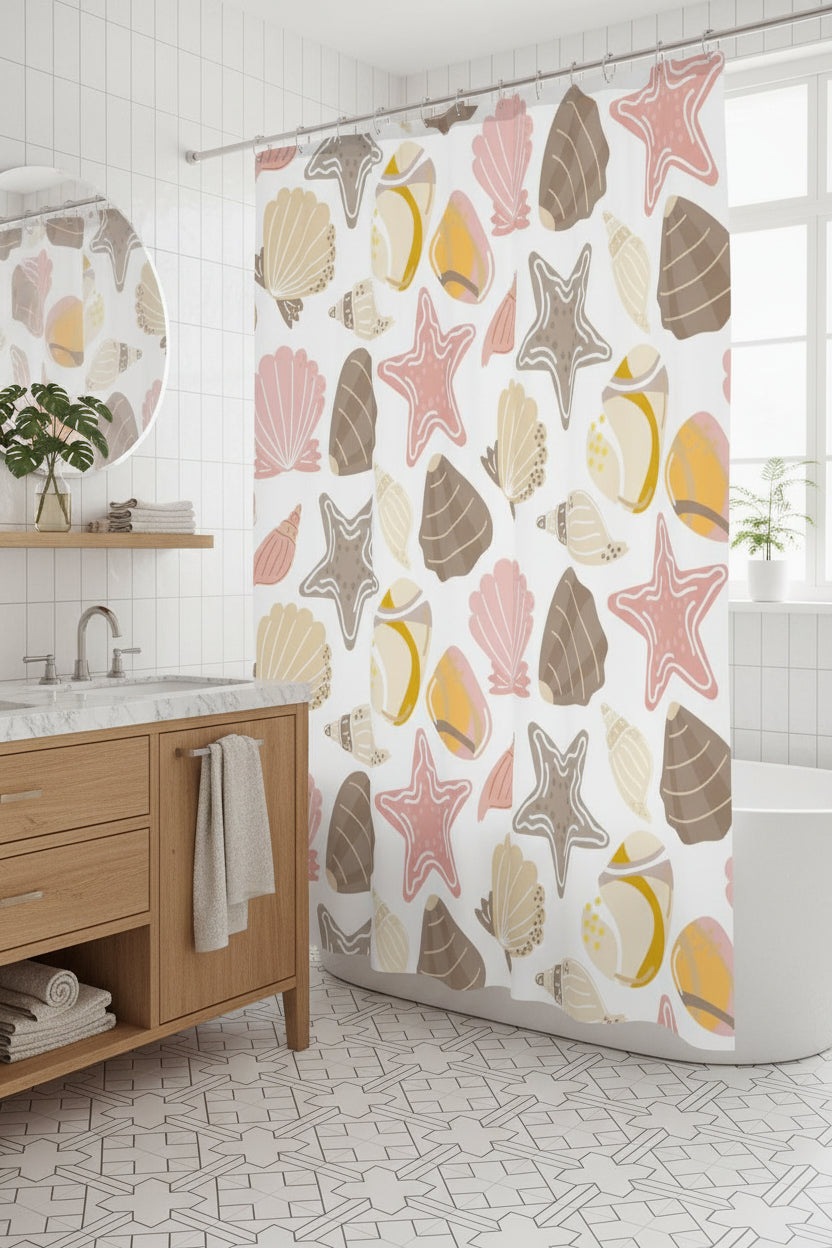Retro Seashells Shower Curtain – Coastal Tropical Bathroom Décor