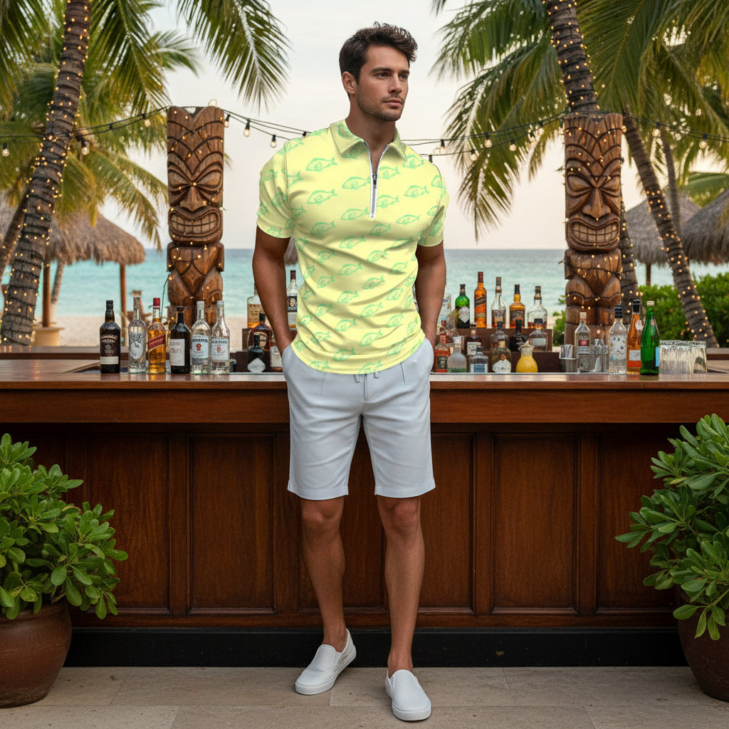 Tropical Fisherman Slim Fit Zip Polo Shirt