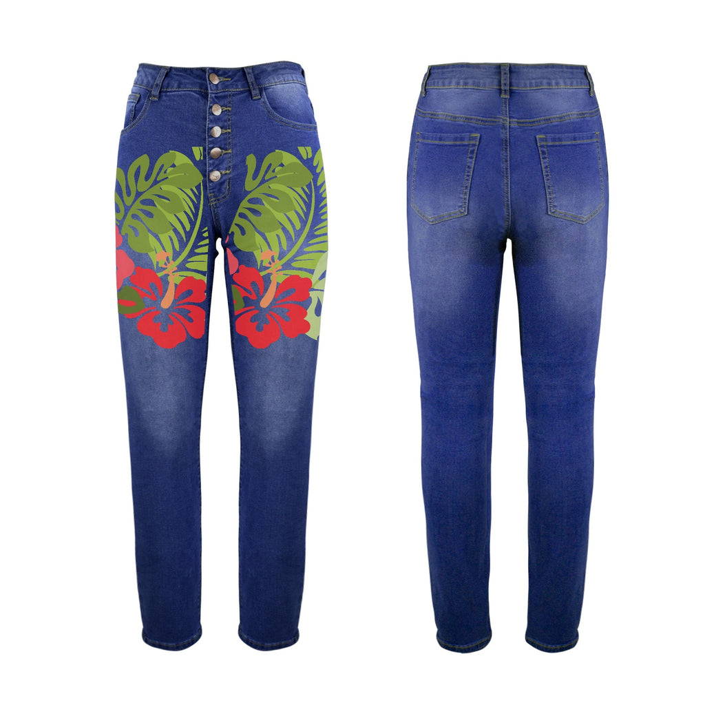 Tropical Flowers Women's Jeans (Front Printing) Made In USA Ships to USA Only