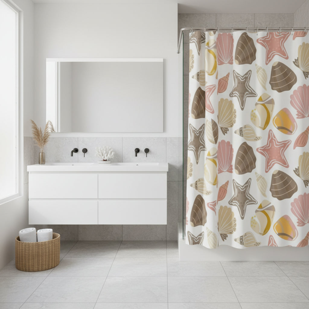 Retro Seashells Shower Curtain – Coastal Tropical Bathroom Décor