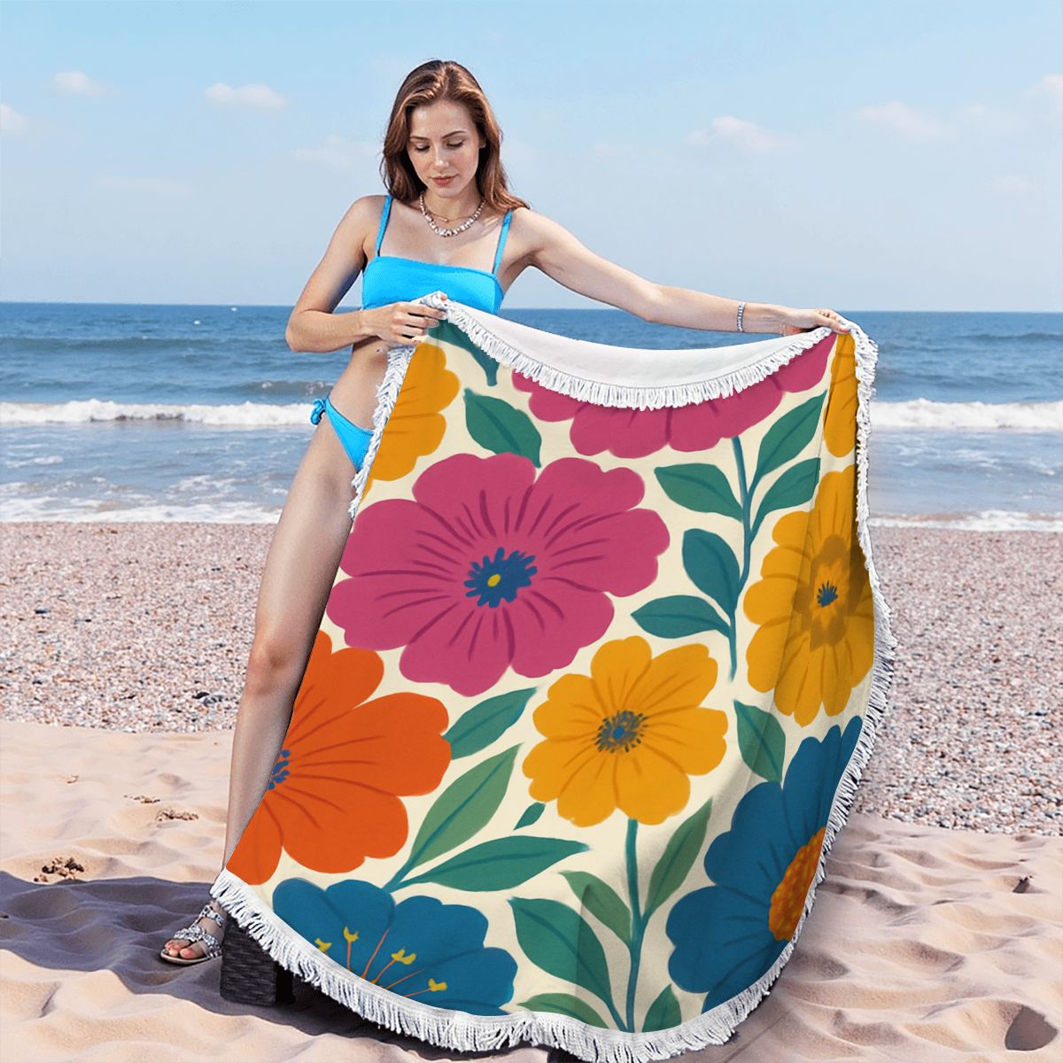 Azure Round Tassel Floral Beach Towel