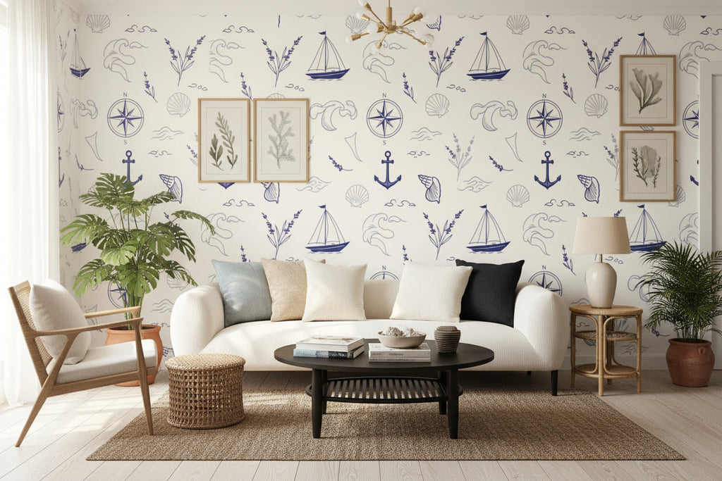 Nautical Blue & White Peel-and-Stick Wallpaper |Coastal Pattern