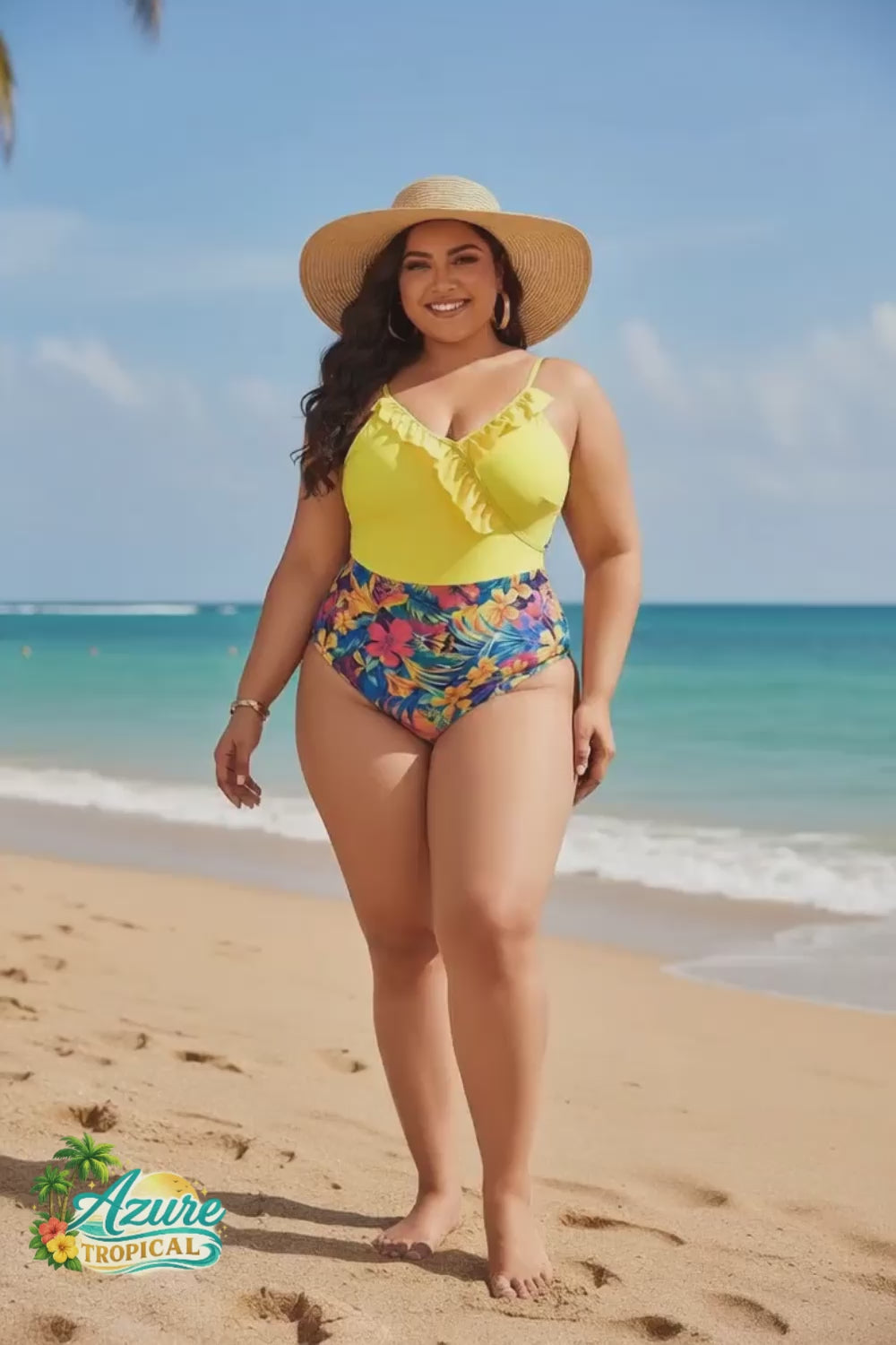 Azure Tropical Floral Ruffle One-Piece Swimsuit | Plus Size (0XL–4XL)